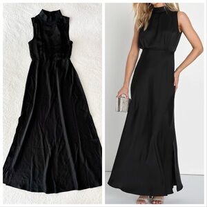 NWOT Lulus Classic Elegance Black Satin Sleeveless Mock Neck Maxi Dress Medium